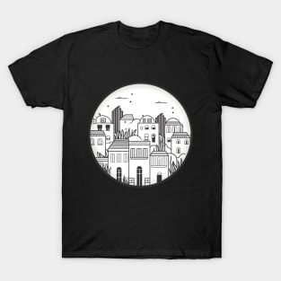 Simplistic Monochrome Mediterranean Village Illustration T-Shirt